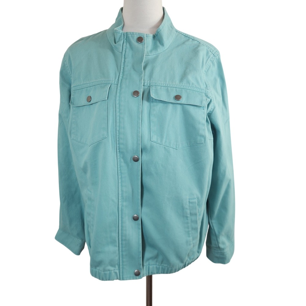 CJ Banks Womens 1X Teal Blue Cotton Utility Jacket Full Zip Snap Front